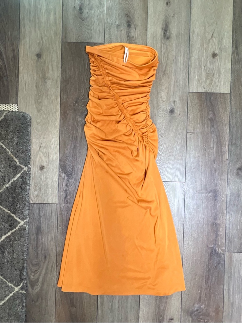 Anthropologie Orange Ruched Strapless Midi Dress